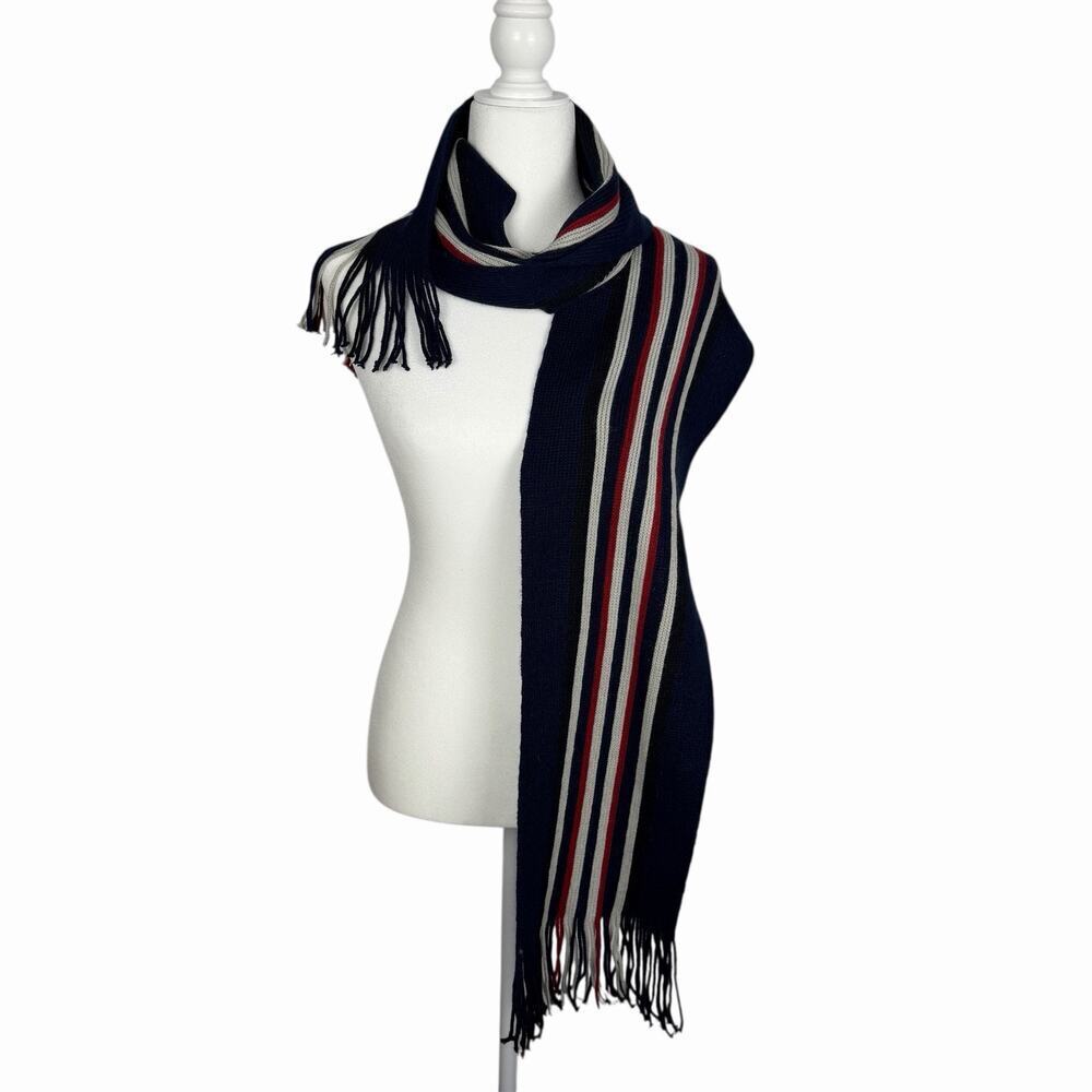 TOMMY HILFIGER Knit Scarf Striped Blue Red Cream USA Classic Preppy 76" x 8"